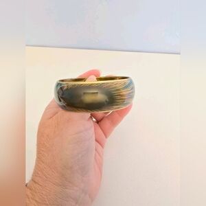 Vintage Wide Bangle Bracelet Peacock Feather Blue Enamel Brass? Gold Tone